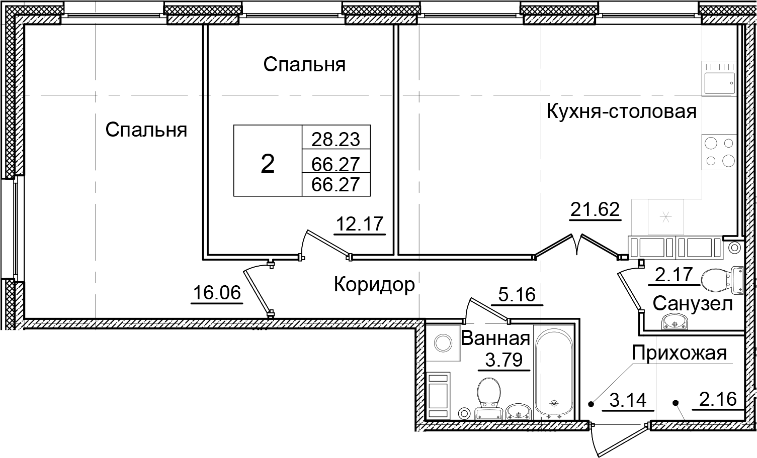 Планировка — Квартал Заречье, 2-комн., 66 м²