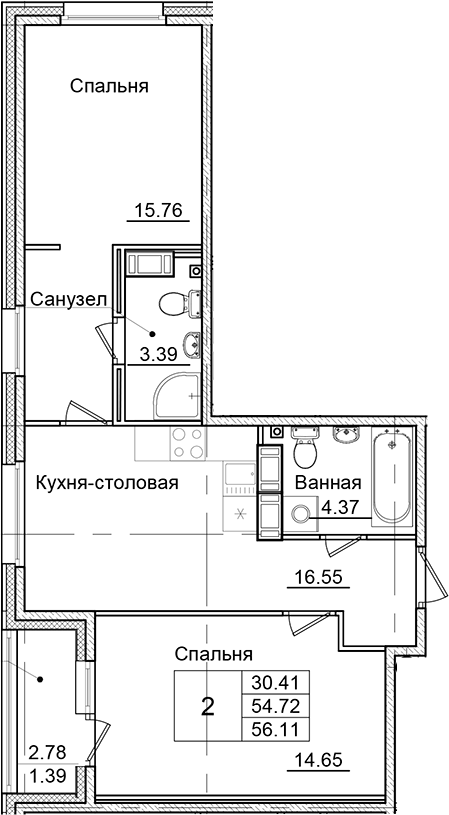 Планировка — Квартал Заречье, 2-комн., 55 м²