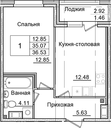 Планировка — Квартал Заречье, 1-комн., 35 м²
