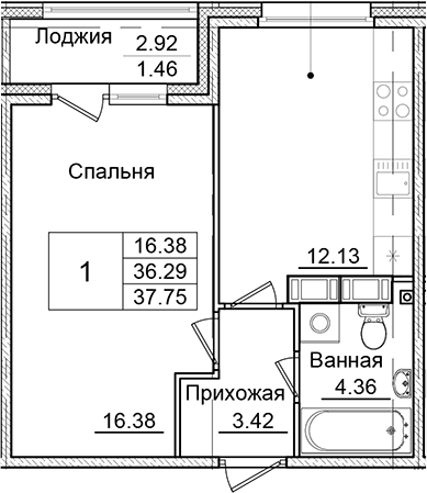 Планировка — Квартал Заречье, 1-комн., 36 м²