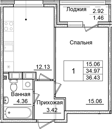 Планировка — Квартал Заречье, 1-комн., 35 м²