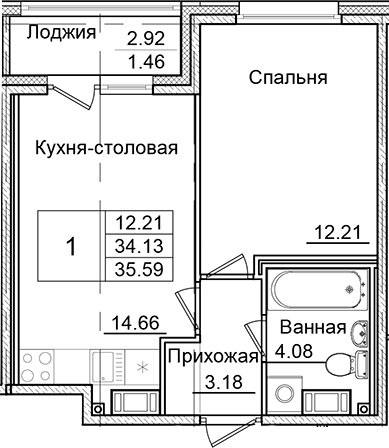 Планировка — Квартал Заречье, 1-комн., 34 м²
