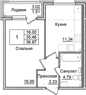 Планировка — Квартал Заречье, 1-комн., 35 м²