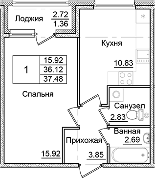 Планировка — Квартал Заречье, 1-комн., 36 м²