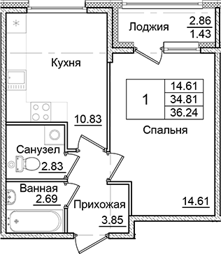 Планировка — Квартал Заречье, 1-комн., 35 м²