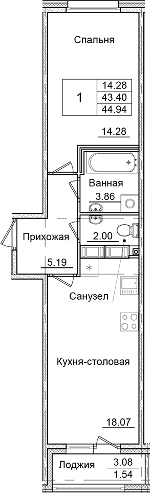 Планировка — Квартал Заречье, 1-комн., 43 м²