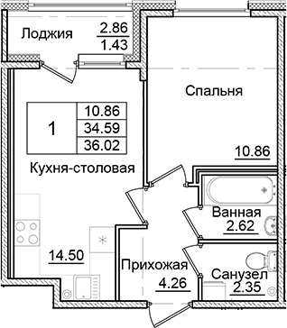 Планировка — Квартал Заречье, 1-комн., 35 м²