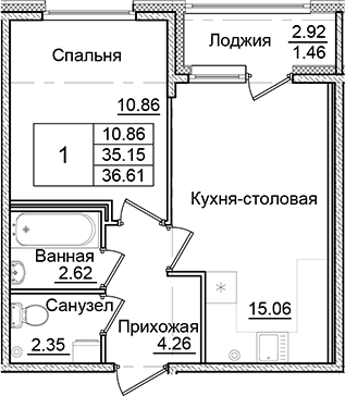 Планировка — Квартал Заречье, 1-комн., 35 м²