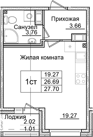 Планировка — Квартал Заречье, Студия, 27 м²