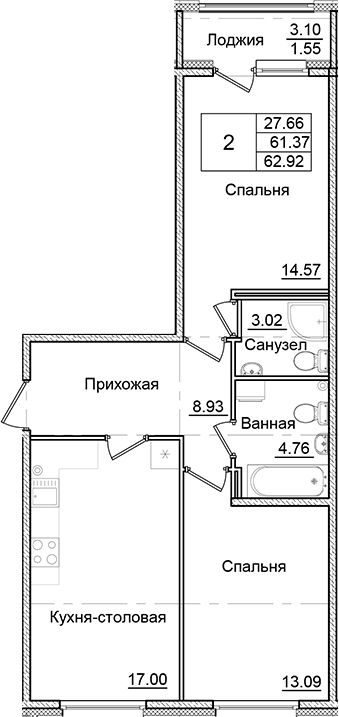 Планировка — Квартал Заречье, 2-комн., 61 м²