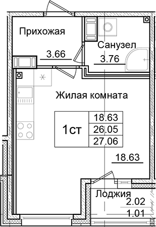Планировка — Квартал Заречье, Студия, 26 м²