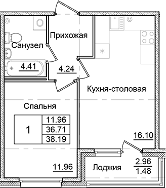 Планировка — Квартал Заречье, 1-комн., 37 м²