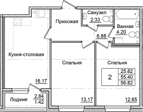 Планировка — Квартал Заречье, 2-комн., 55 м²