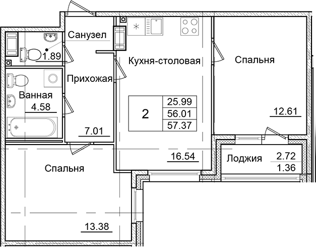 Планировка — Квартал Заречье, 2-комн., 56 м²