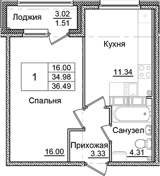 Планировка — Квартал Заречье, 1-комн., 35 м²