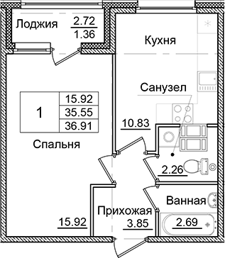Планировка — Квартал Заречье, 1-комн., 36 м²