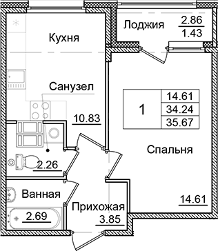 Планировка — Квартал Заречье, 1-комн., 34 м²