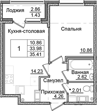 Планировка — Квартал Заречье, 1-комн., 34 м²