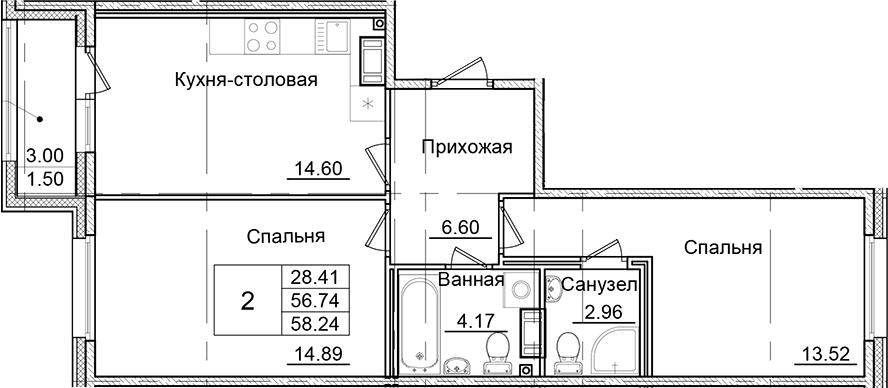 Планировка — Квартал Заречье, 2-комн., 57 м²