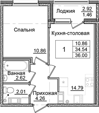 Планировка — Квартал Заречье, 1-комн., 35 м²