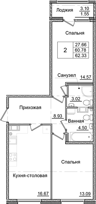 Планировка — Квартал Заречье, 2-комн., 61 м²