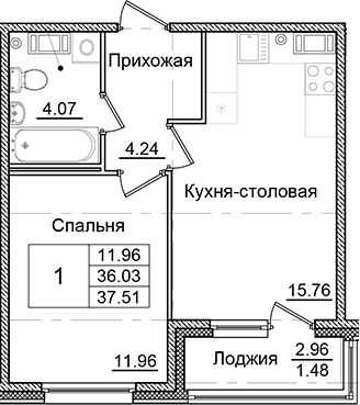 Планировка — Квартал Заречье, 1-комн., 36 м²