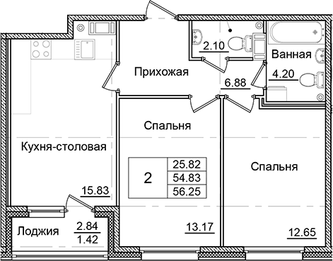 Планировка — Квартал Заречье, 2-комн., 55 м²