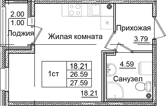 Планировка — Квартал Заречье, Студия, 27 м²