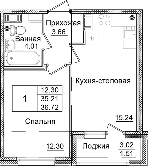 Планировка — Квартал Заречье, 1-комн., 35 м²