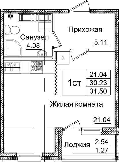 Планировка — Квартал Заречье, Студия, 30 м²