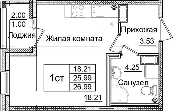 Планировка — Квартал Заречье, Студия, 26 м²