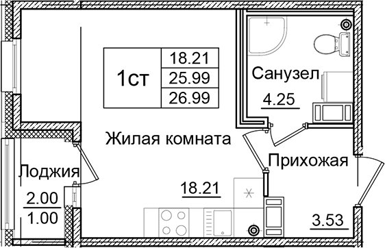 Планировка — Квартал Заречье, Студия, 26 м²