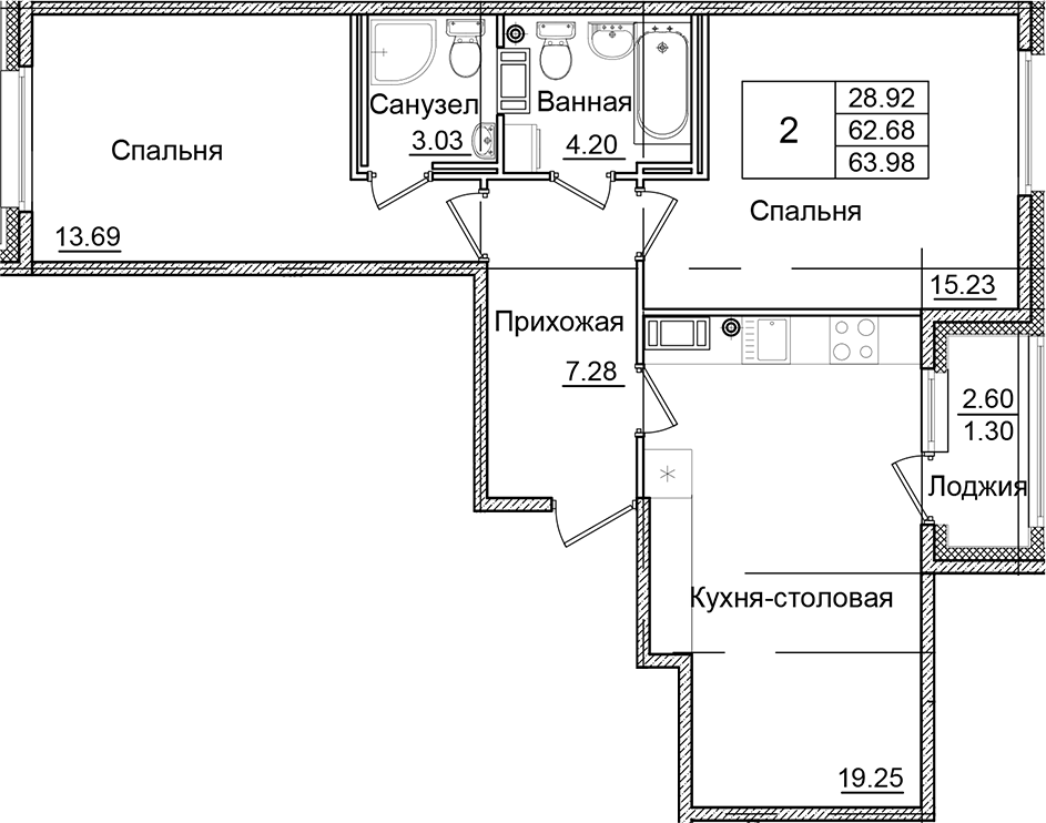 Планировка — Квартал Заречье, 2-комн., 63 м²