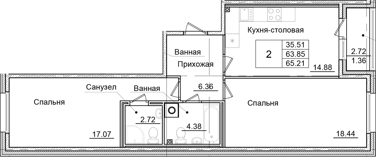 Планировка — Квартал Заречье, 2-комн., 64 м²