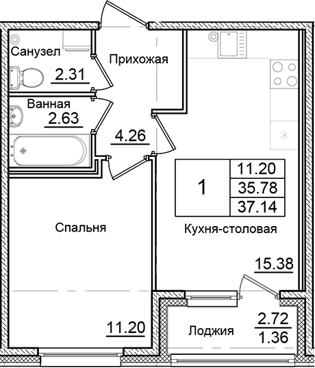 Планировка — Квартал Заречье, 1-комн., 36 м²