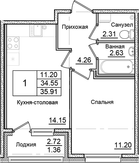 Планировка — Квартал Заречье, 1-комн., 35 м²