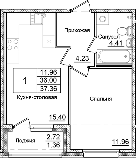 Планировка — Квартал Заречье, 1-комн., 36 м²