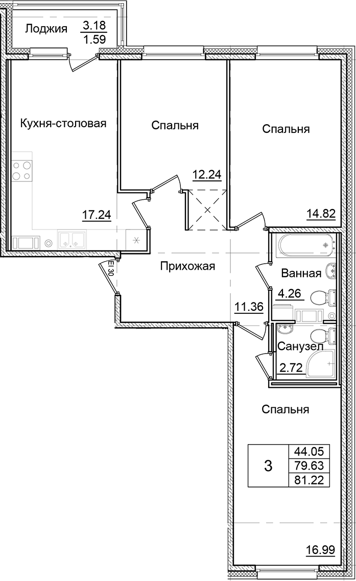 Планировка — Квартал Заречье, 3-комн., 80 м²
