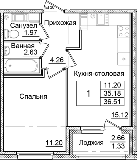 Планировка — Квартал Заречье, 1-комн., 35 м²