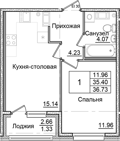 Планировка — Квартал Заречье, 1-комн., 35 м²
