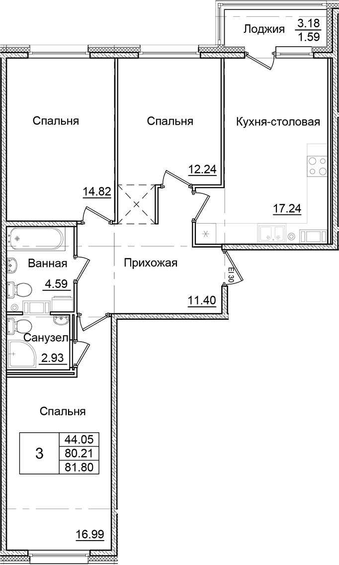 Планировка — Квартал Заречье, 3-комн., 80 м²