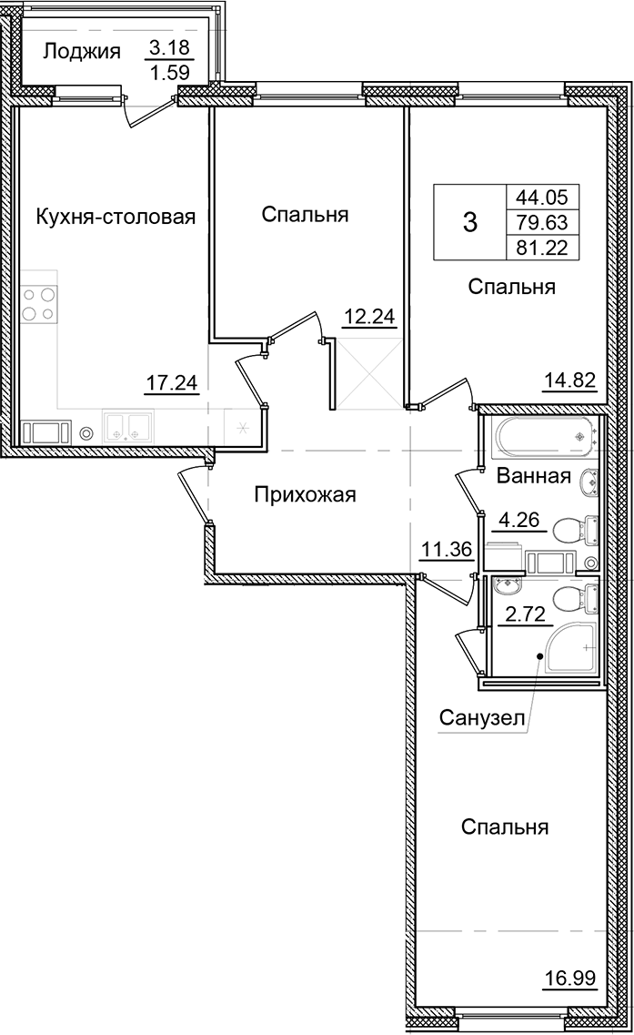 Планировка — Квартал Заречье, 3-комн., 80 м²