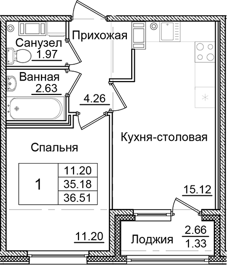 Планировка — Квартал Заречье, 1-комн., 35 м²
