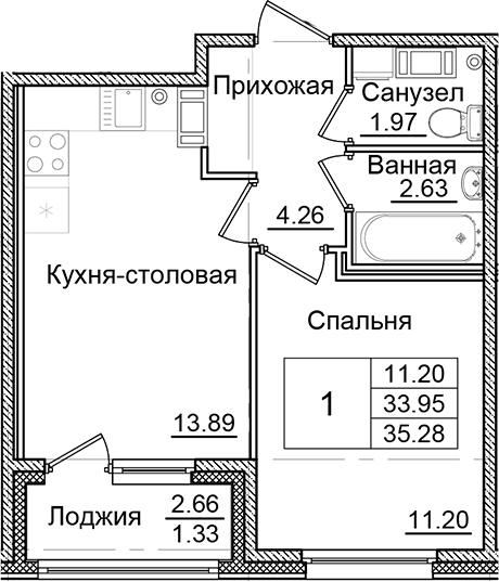 Планировка — Квартал Заречье, 1-комн., 34 м²