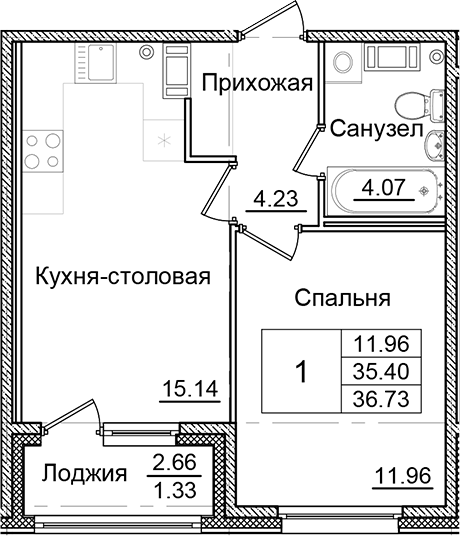Планировка — Квартал Заречье, 1-комн., 35 м²