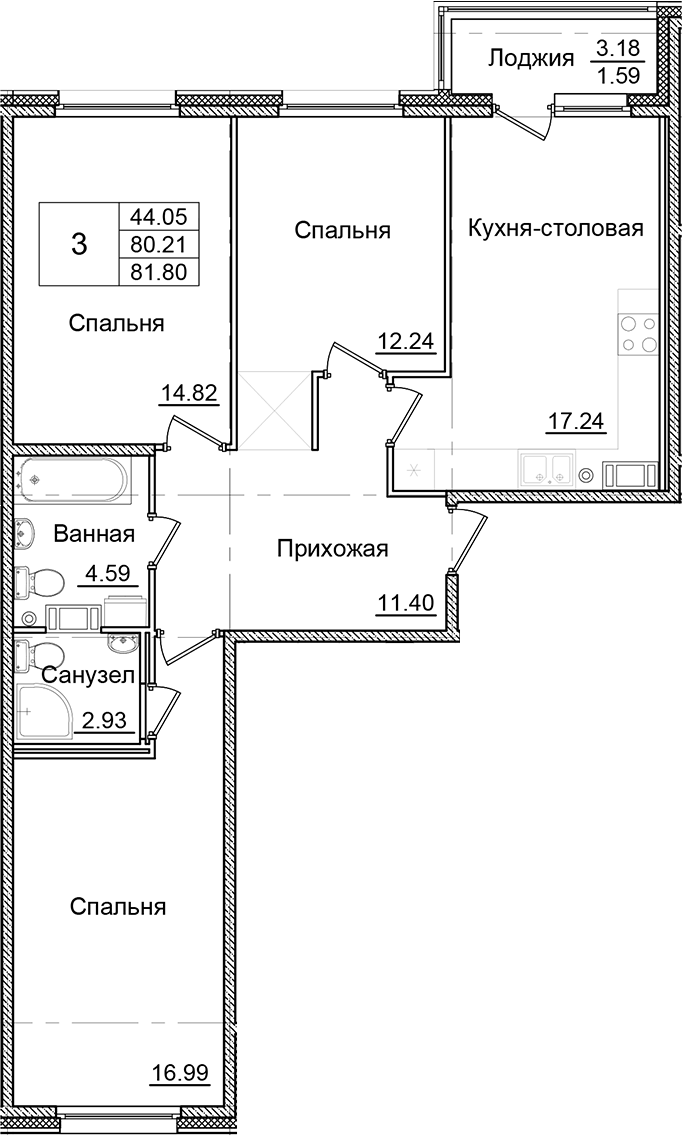 Планировка — Квартал Заречье, 3-комн., 80 м²