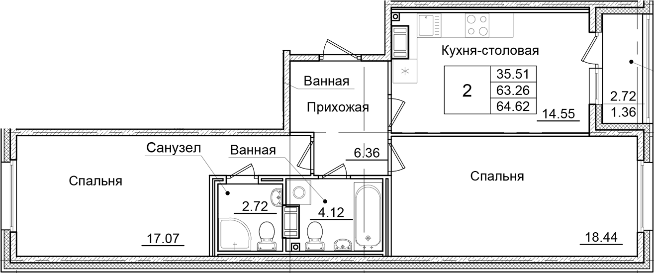 Планировка — Квартал Заречье, 2-комн., 63 м²