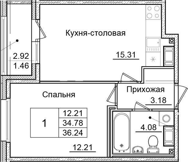 Планировка — Квартал Заречье, 1-комн., 35 м²