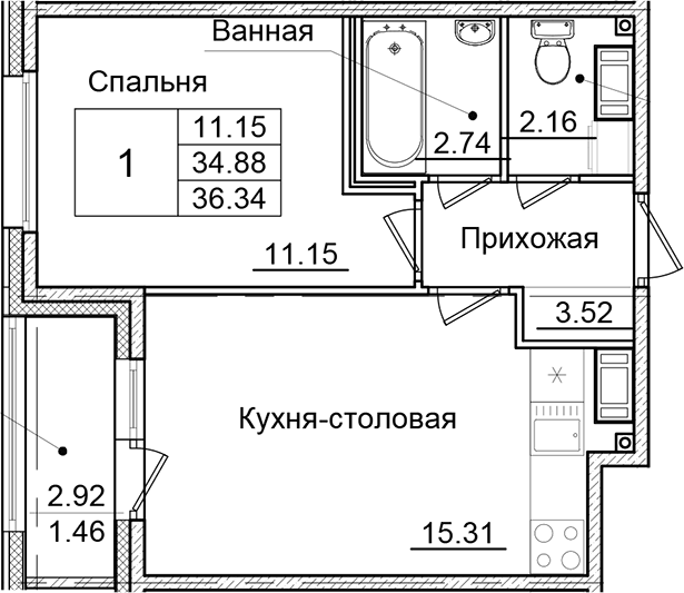 Планировка — Квартал Заречье, 1-комн., 35 м²