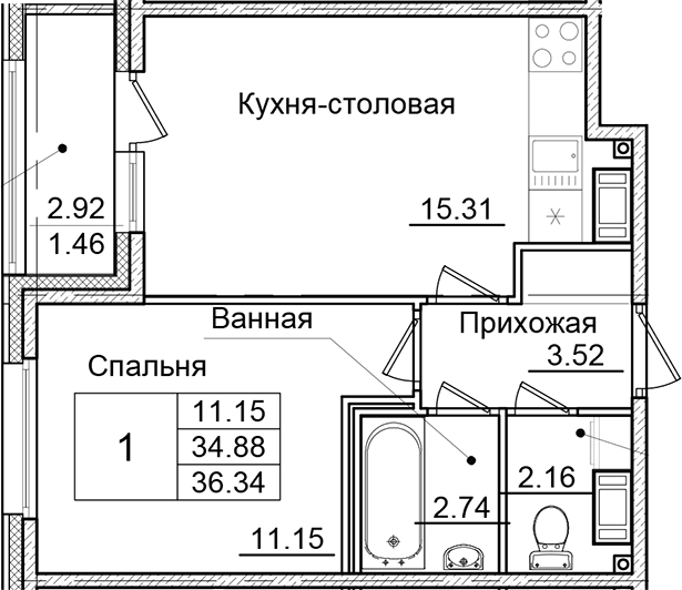 Планировка — Квартал Заречье, 1-комн., 35 м²